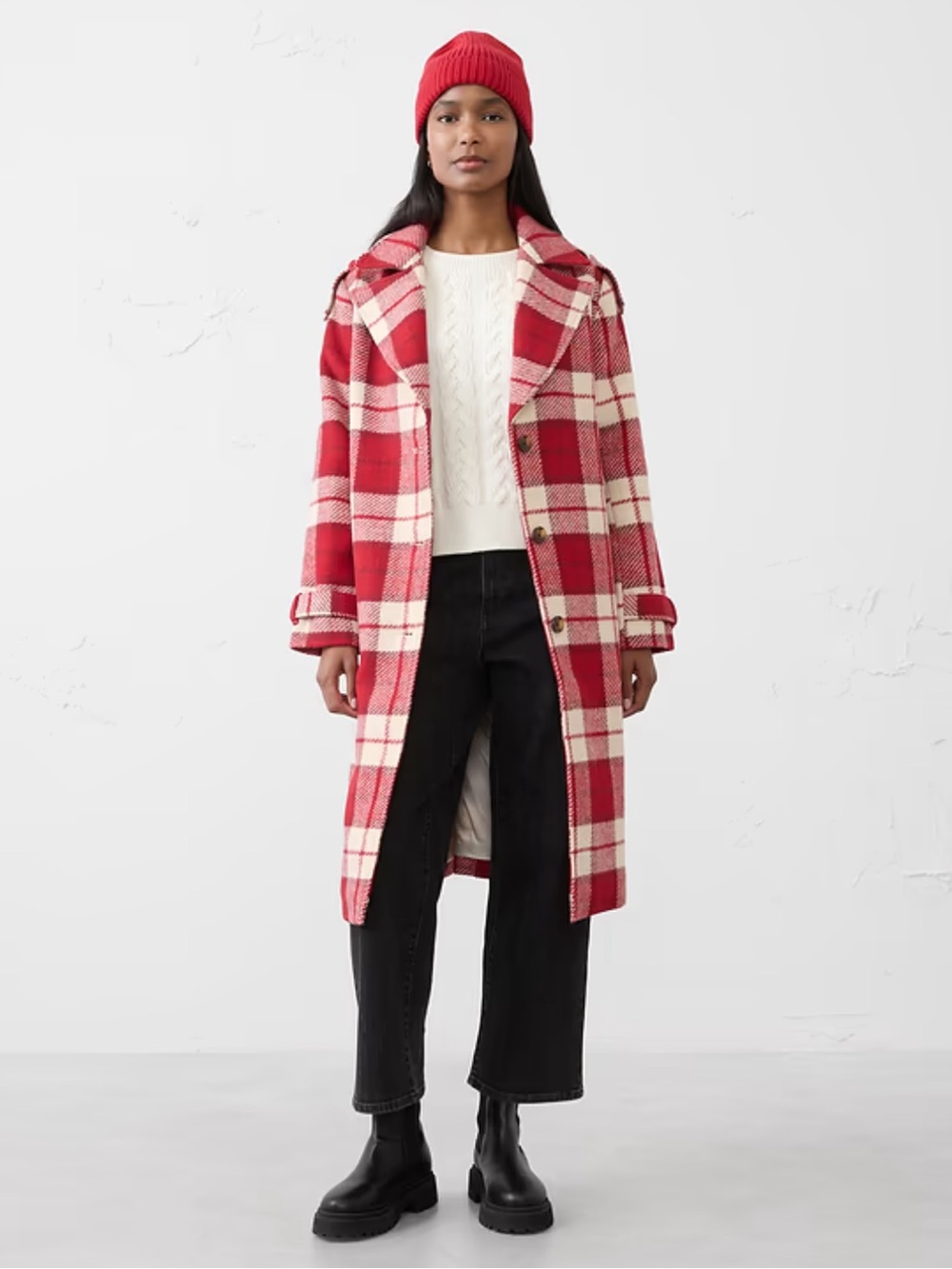 Banana Republic Red and Cream Plaid Long Wool Blend Coat